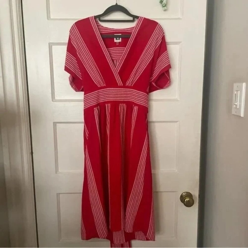 Anne Klein Striped Short Sleeve V-Neck Printed Wrap Midi Dress Size 6